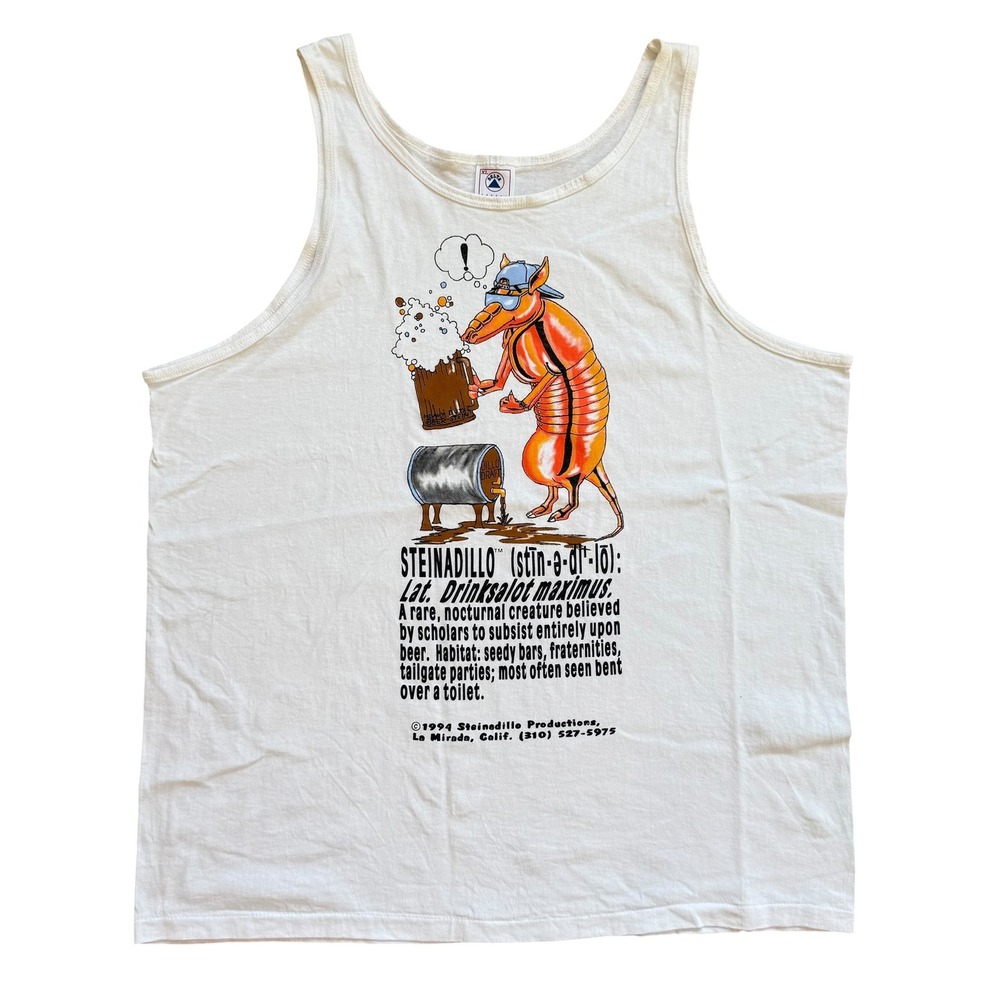 Vintage 1994 Delta Steinadillo Beer Armadillo Graphic Tank Top White XL USA Made